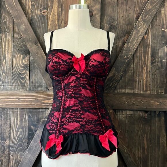 Red black corset bustier babydoll lingerie Sz-36c - Picture 1 of 11